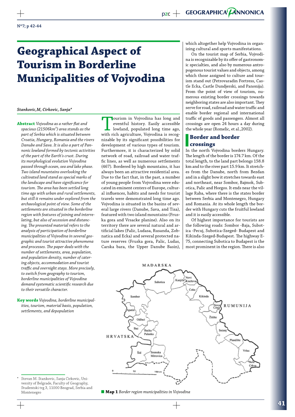 Geographical Aspect of Tourism in Borderline Municipalities of Vojvodina