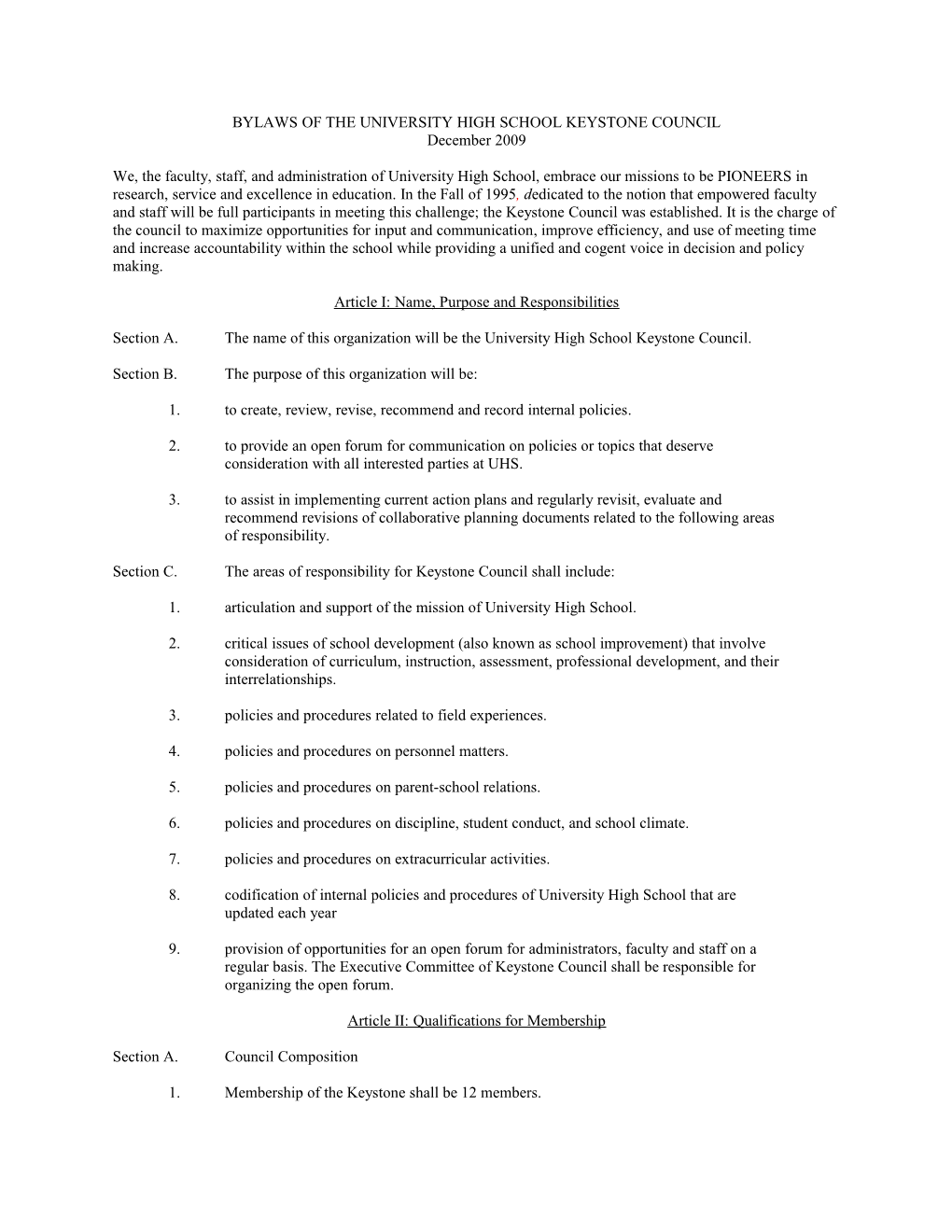 Bylaws of the University High School Keystone Council