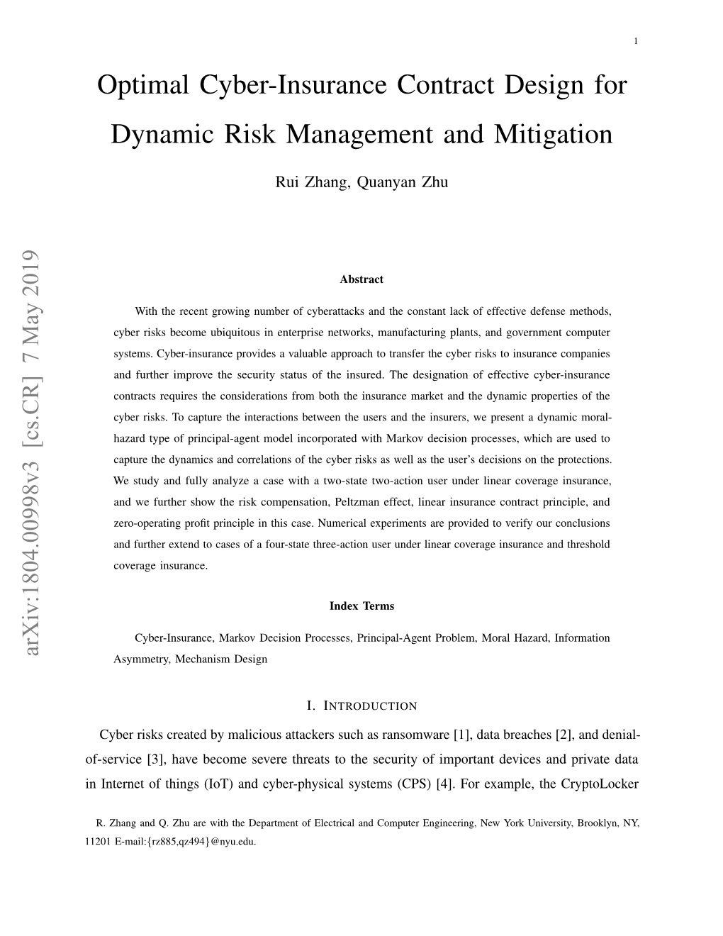 Optimal Cyber-Insurance Contract Design for Dynamic Risk Management and Mitigation