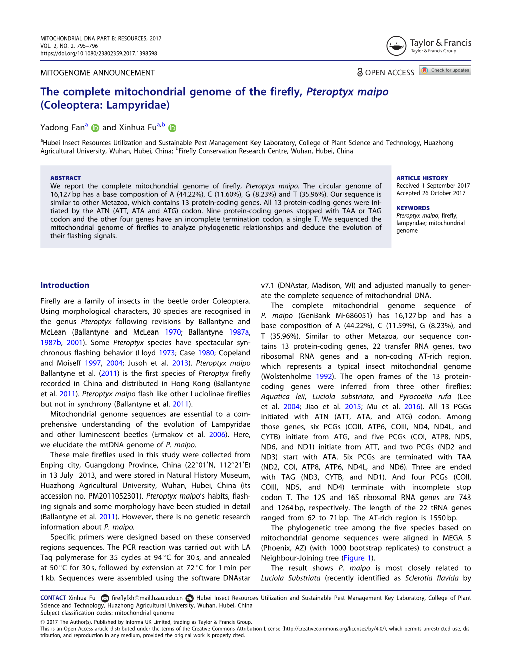 The Complete Mitochondrial Genome of the Firefly, Pteroptyx Maipo (Coleoptera: Lampyridae)