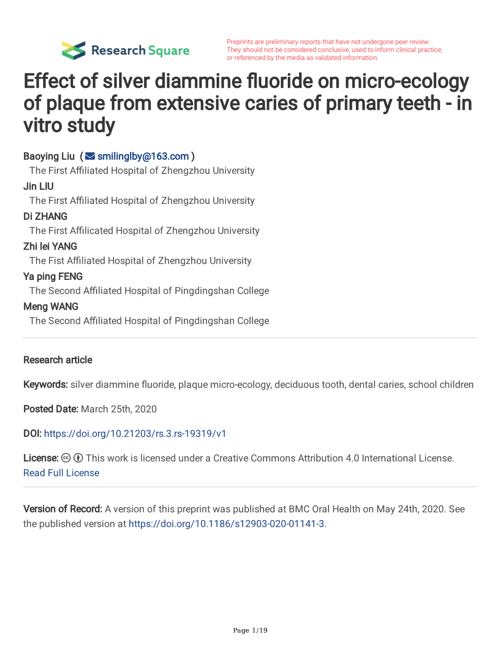 Effect of Silver Diammine Fluoride on Micro-Ecology of Plaque from Extensive Caries of Primary Teeth
