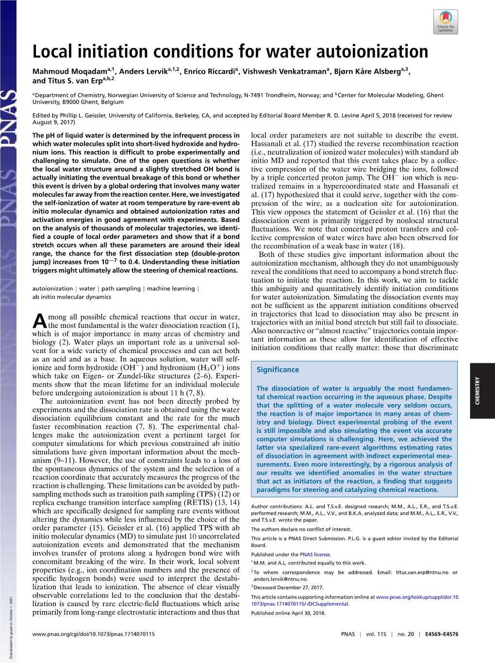 Local Initiation Conditions for Water Autoionization