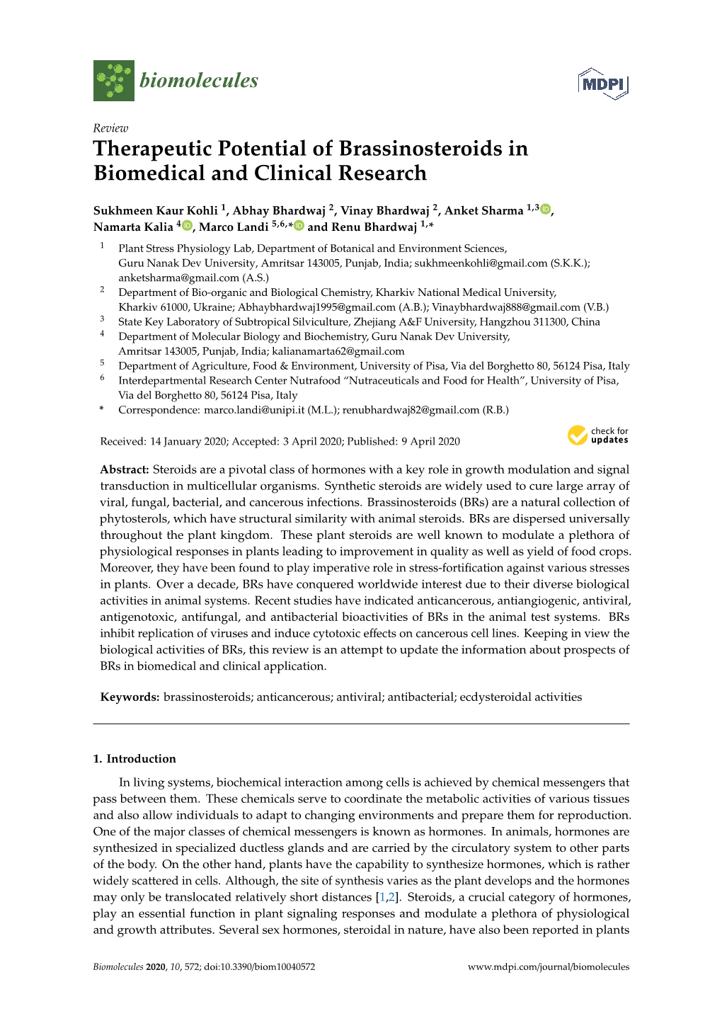 Therapeutic Potential of Brassinosteroids in Biomedical and Clinical Research