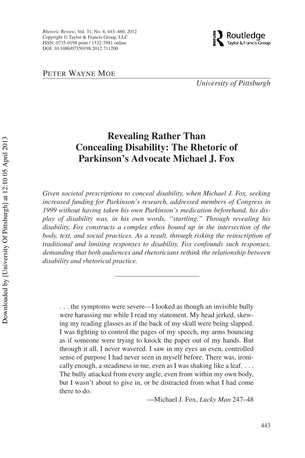 Revealing Rather Than Concealing Disability: the Rhetoric of Parkinson’S Advocate Michael J