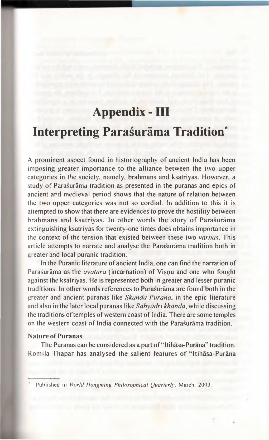 III Interpreting Parasuràma Tradition*