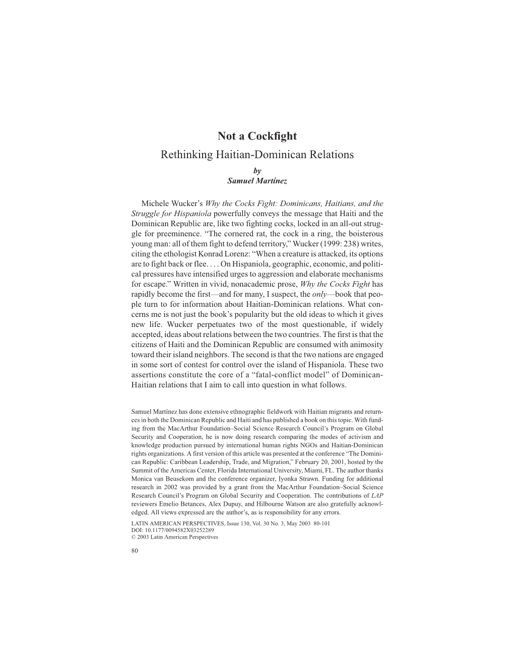 Not a Cockfight Rethinking Haitian-Dominican Relations by Samuel Martínez