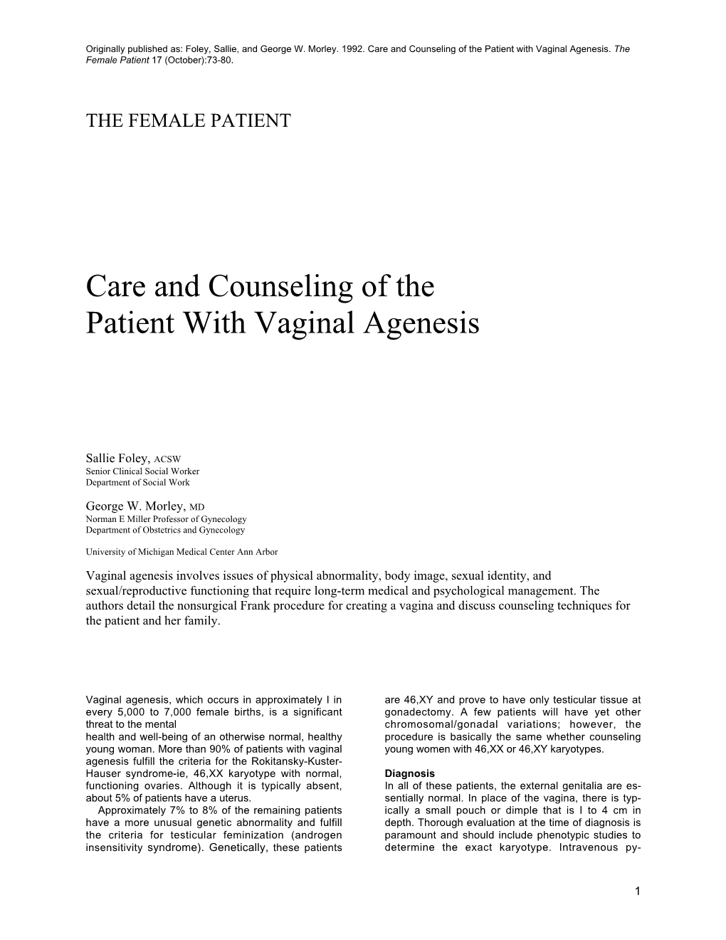 Care and Counseling of the Patient with Vaginal Agenesis