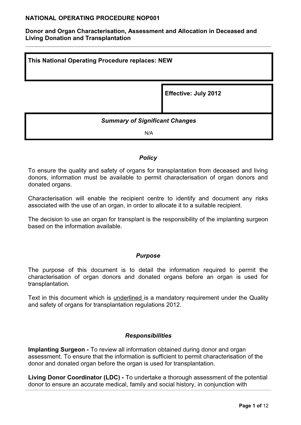 National Operating Procedure Nop001