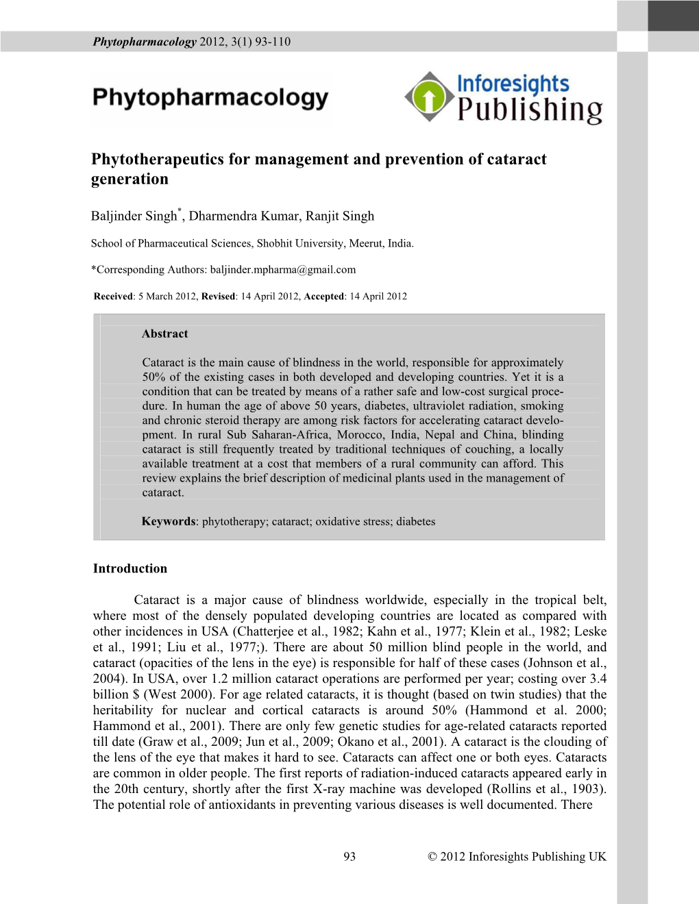 Phytotherapeutics for Management and Prevention of Cataract Generation