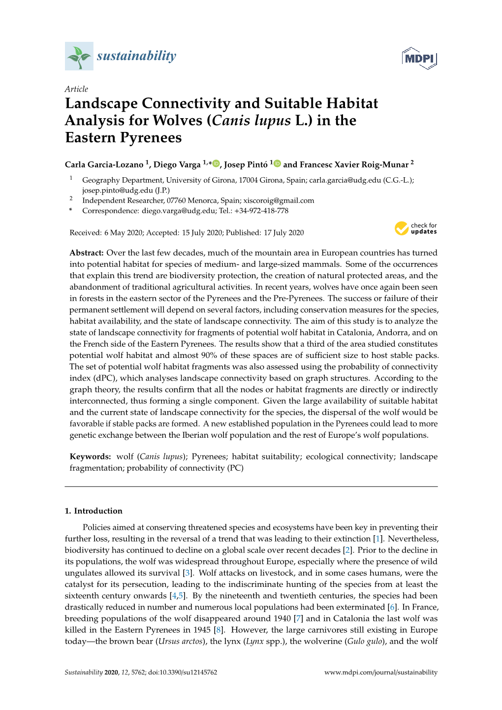 Landscape Connectivity and Suitable Habitat Analysis for Wolves (Canis Lupus L.) in the Eastern Pyrenees