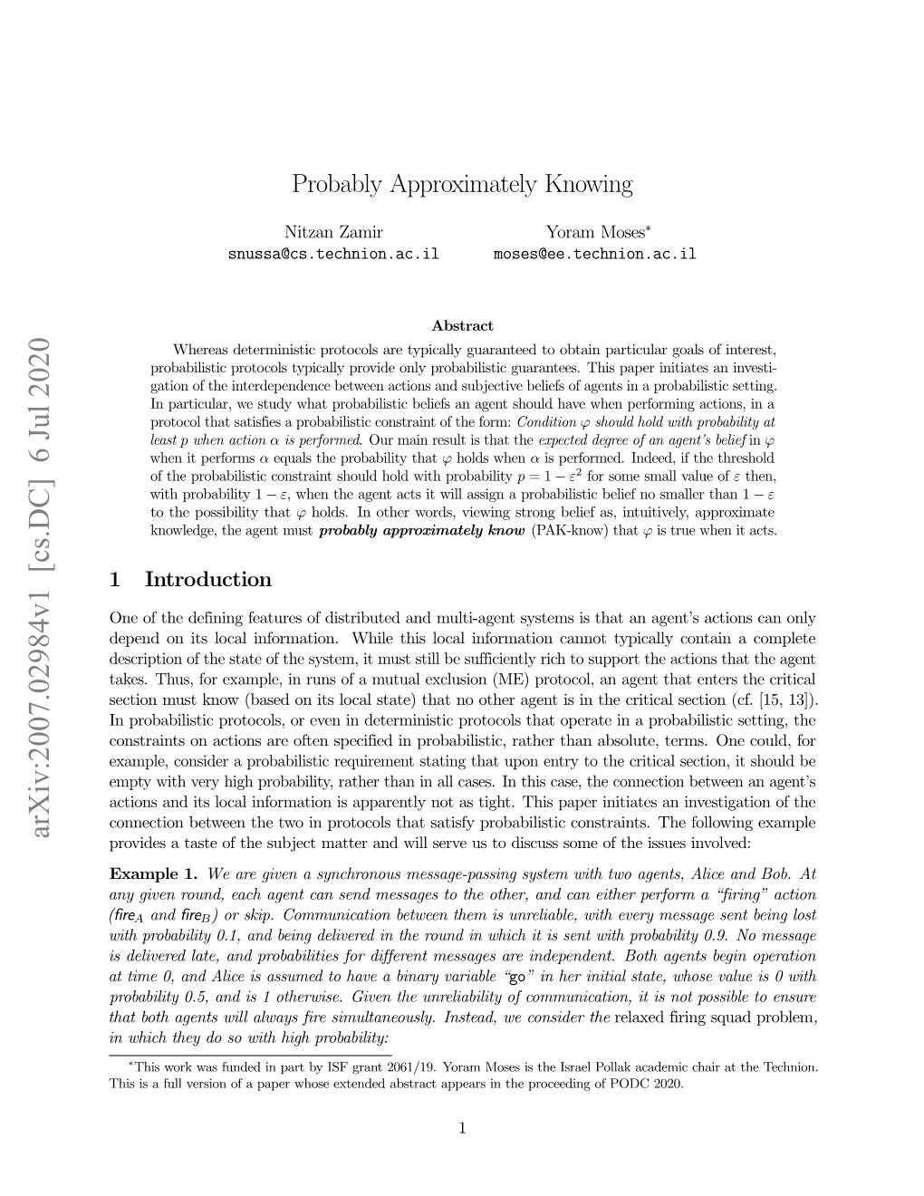 Arxiv:2007.02984V1 [Cs.DC] 6 Jul 2020 Provides a Taste of the Subject Matter and Will Serve Us to Discuss Some of the Issues Involved: Example 1