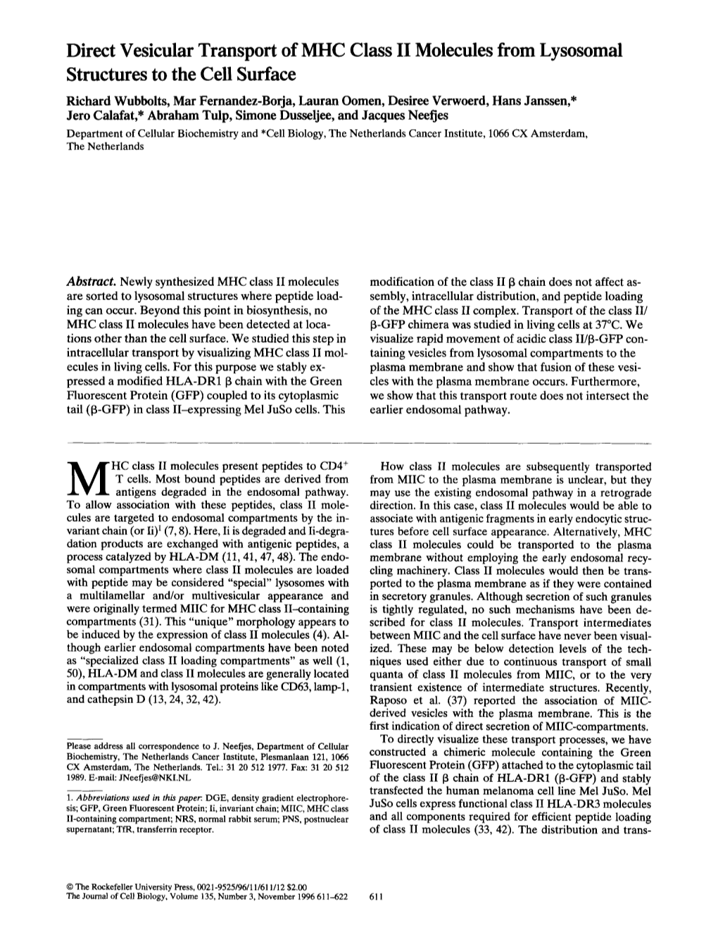 Direct Vesicular Transport of MHC Class II Molecules from Lysosomal