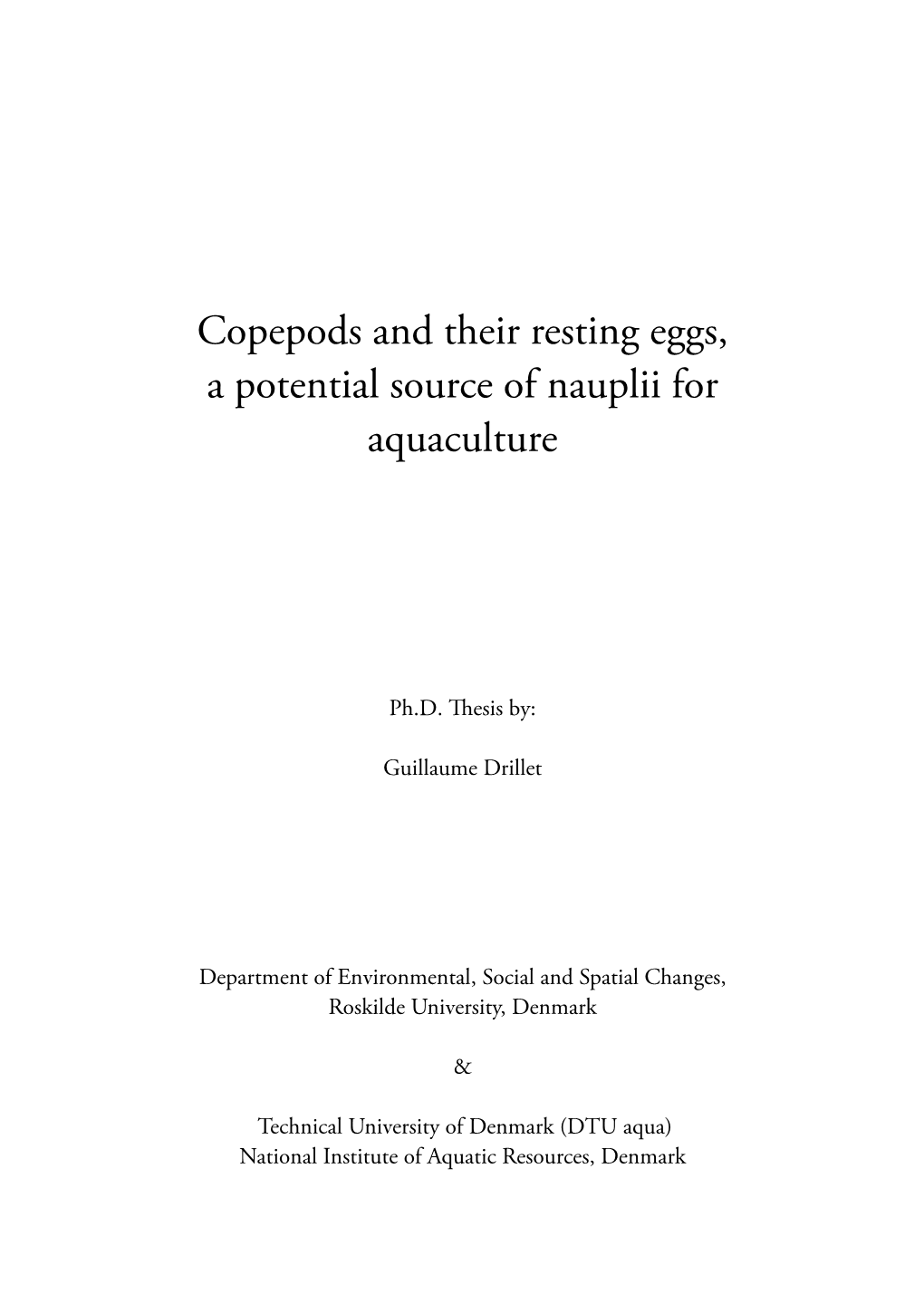 Copepods and Their Resting Eggs, a Potential Source of Nauplii for Aquaculture