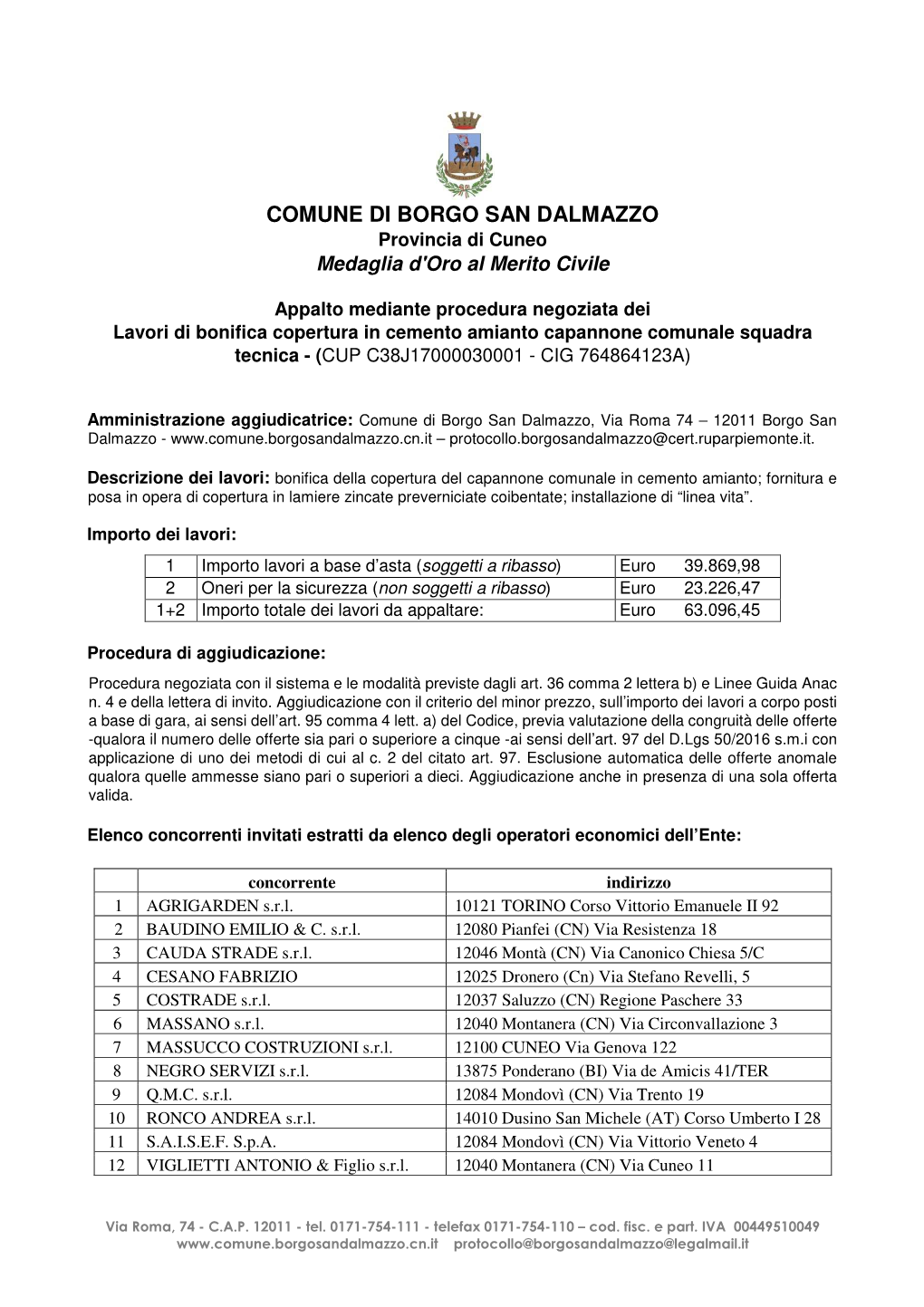 COMUNE DI BORGO SAN DALMAZZO Provincia Di Cuneo Medaglia D'oro Al Merito Civile