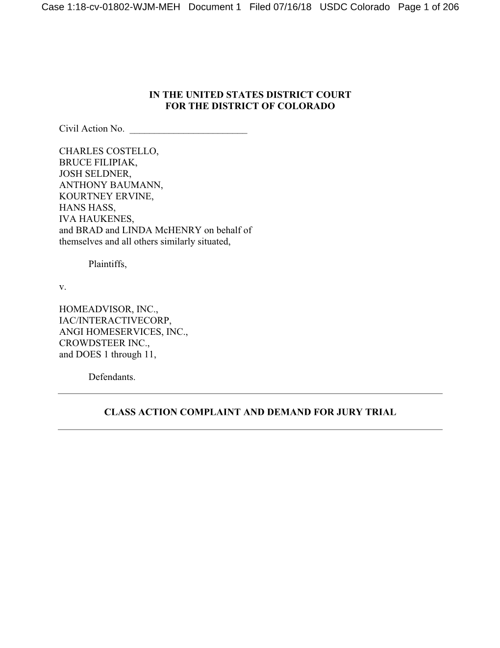 Case 1:18-Cv-01802-WJM-MEH Document 1 Filed 07/16/18 USDC Colorado Page 1 of 206