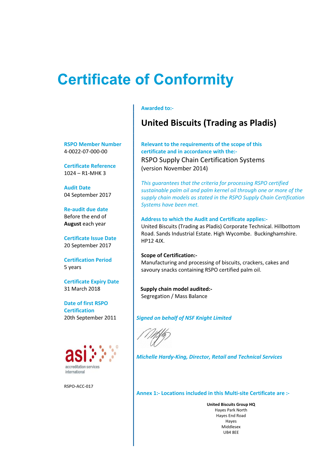 Certificate of Conformity