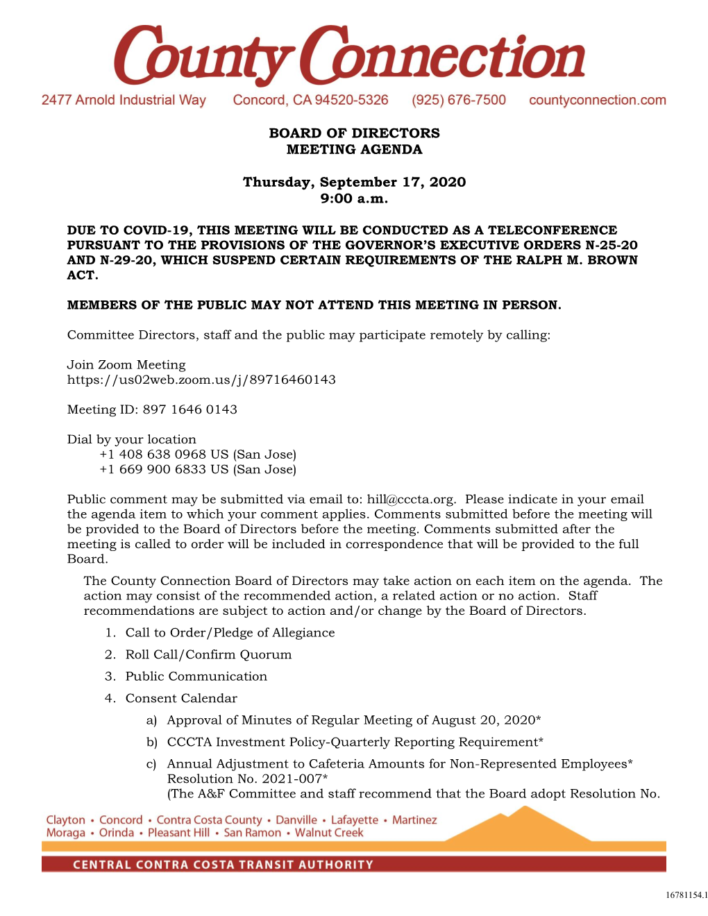 BOARD of DIRECTORS MEETING AGENDA Thursday, September 17, 2020 9:00 A.M