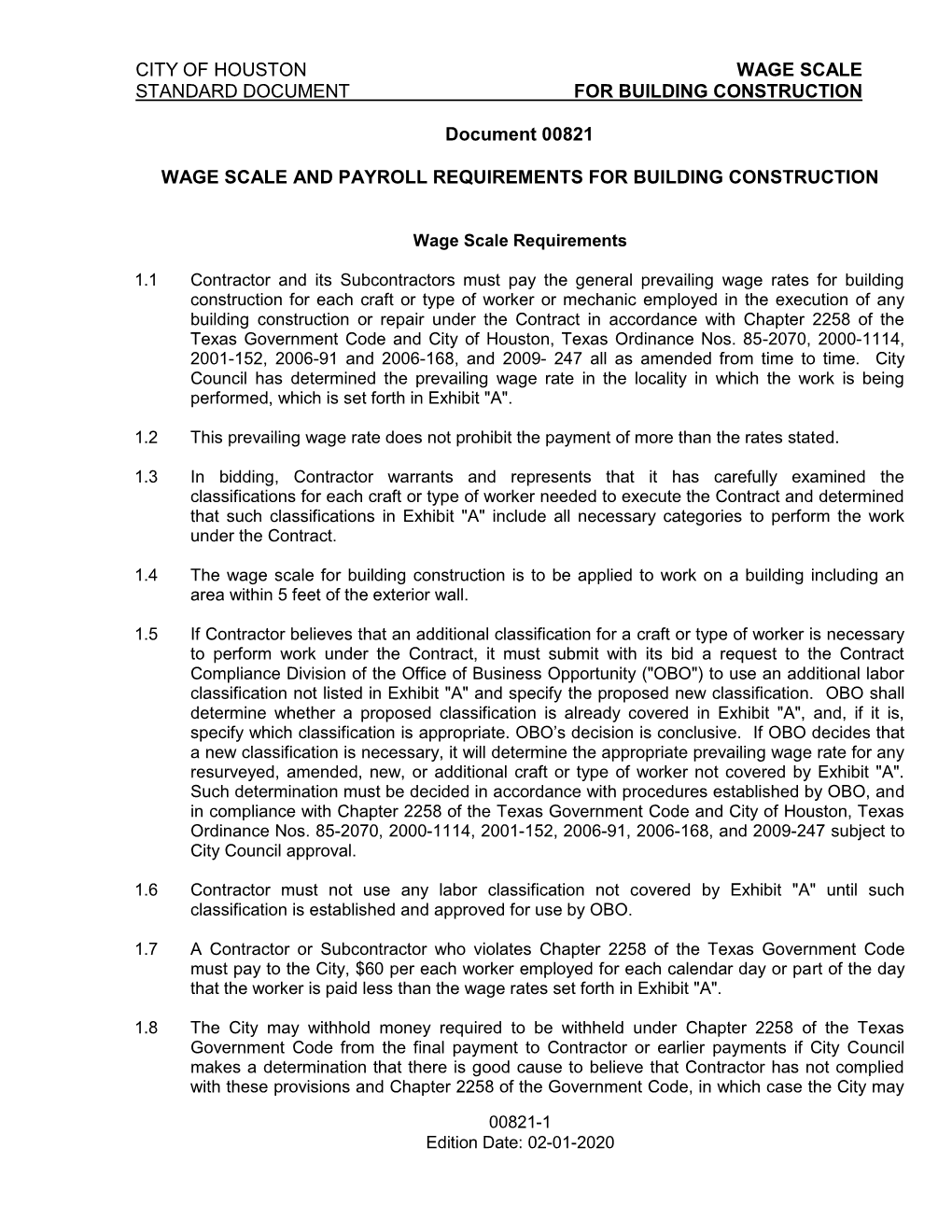 City of Houston Wage Scale Standard Document for Building Construction