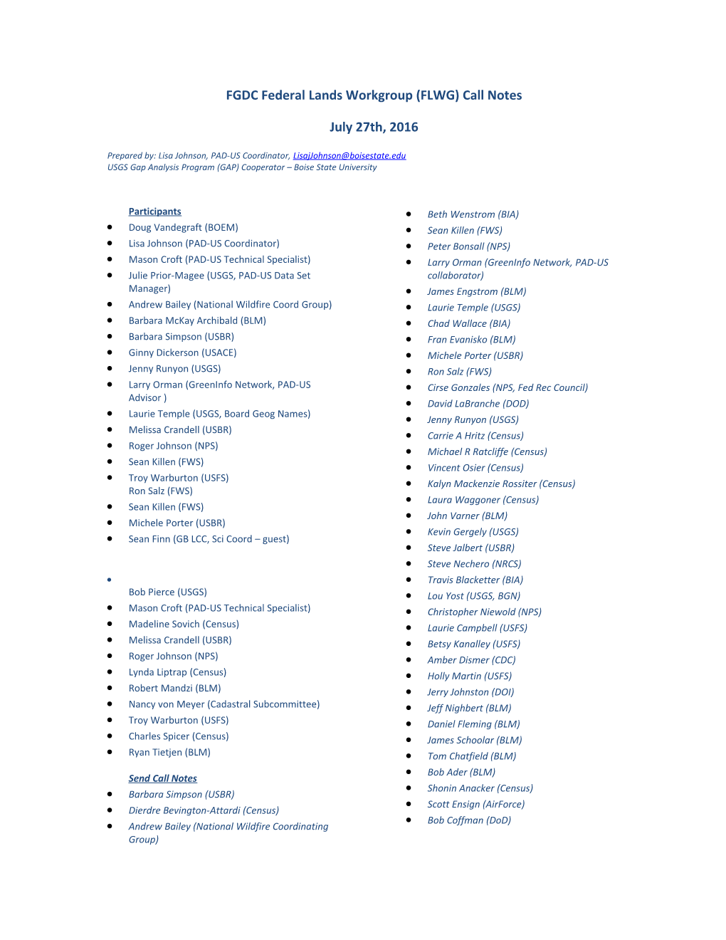 FGDC Federal Lands Workgroup (FLWG) Call Notes