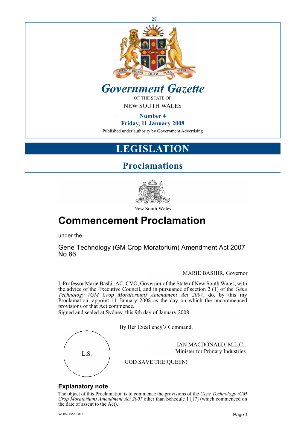 Government Gazette of the STATE of NEW SOUTH WALES Number 4 Friday, 11 January 2008 Published Under Authority by Government Advertising