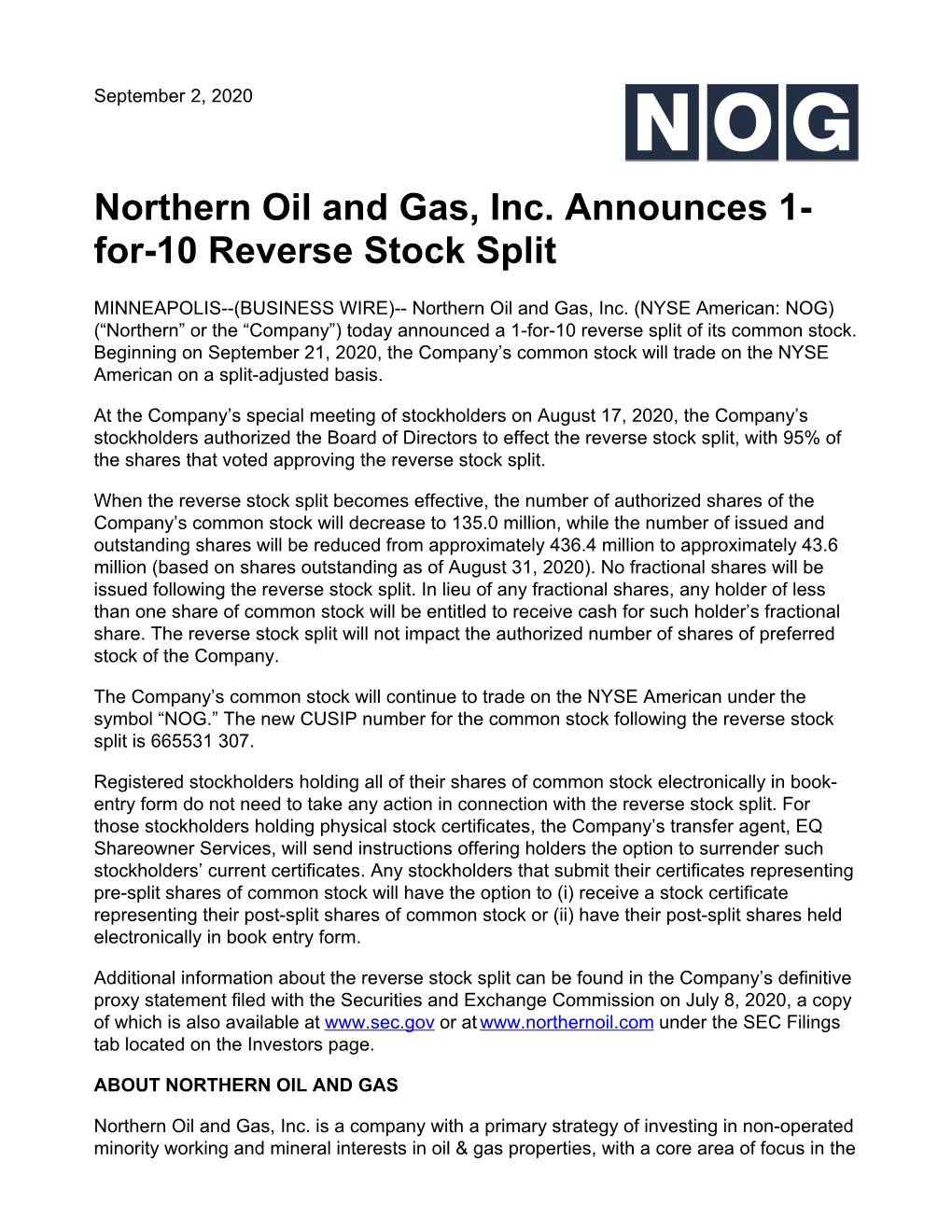 Northern Oil and Gas, Inc. Announces 1- For-10 Reverse Stock Split