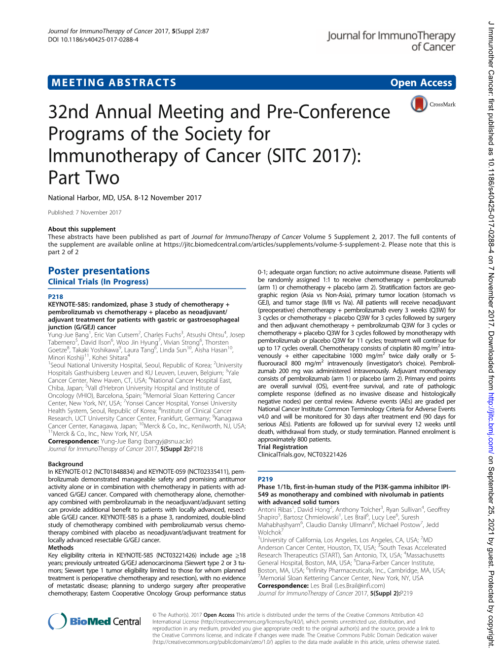 32Nd Annual Meeting and Pre-Conference Programs of the Society for Immunotherapy of Cancer (SITC 2017): Part Two National Harbor, MD, USA