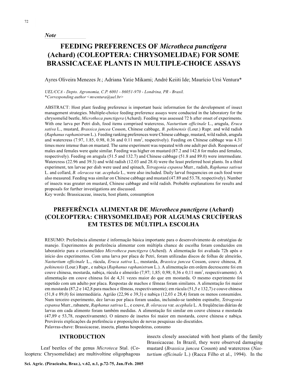 Coleoptera: Chrysomelidae) for Some Brassicaceae Plants in Multiple-Choice Assays