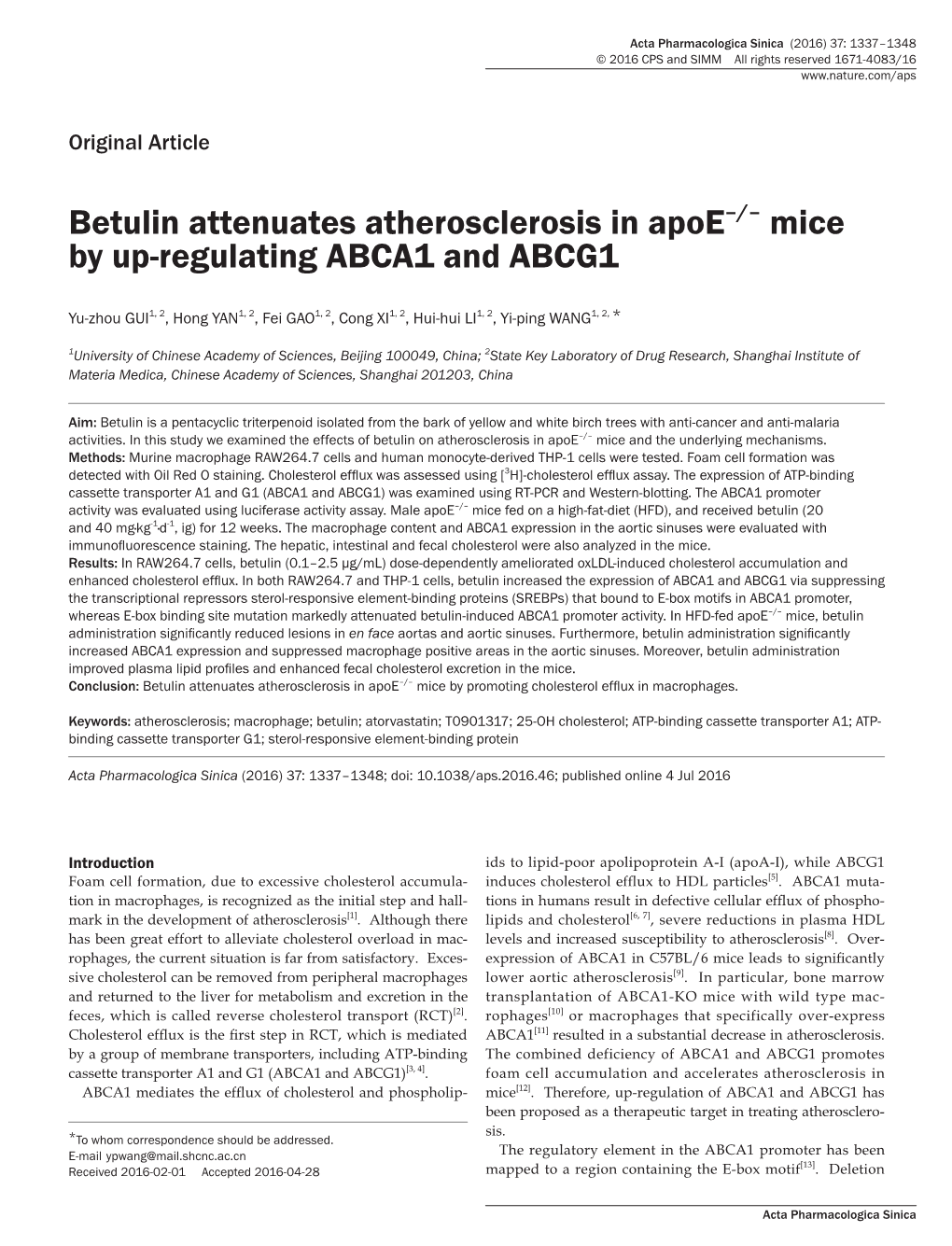 Betulin Attenuates Atherosclerosis in Apoe-/- Mice by Up-Regulating