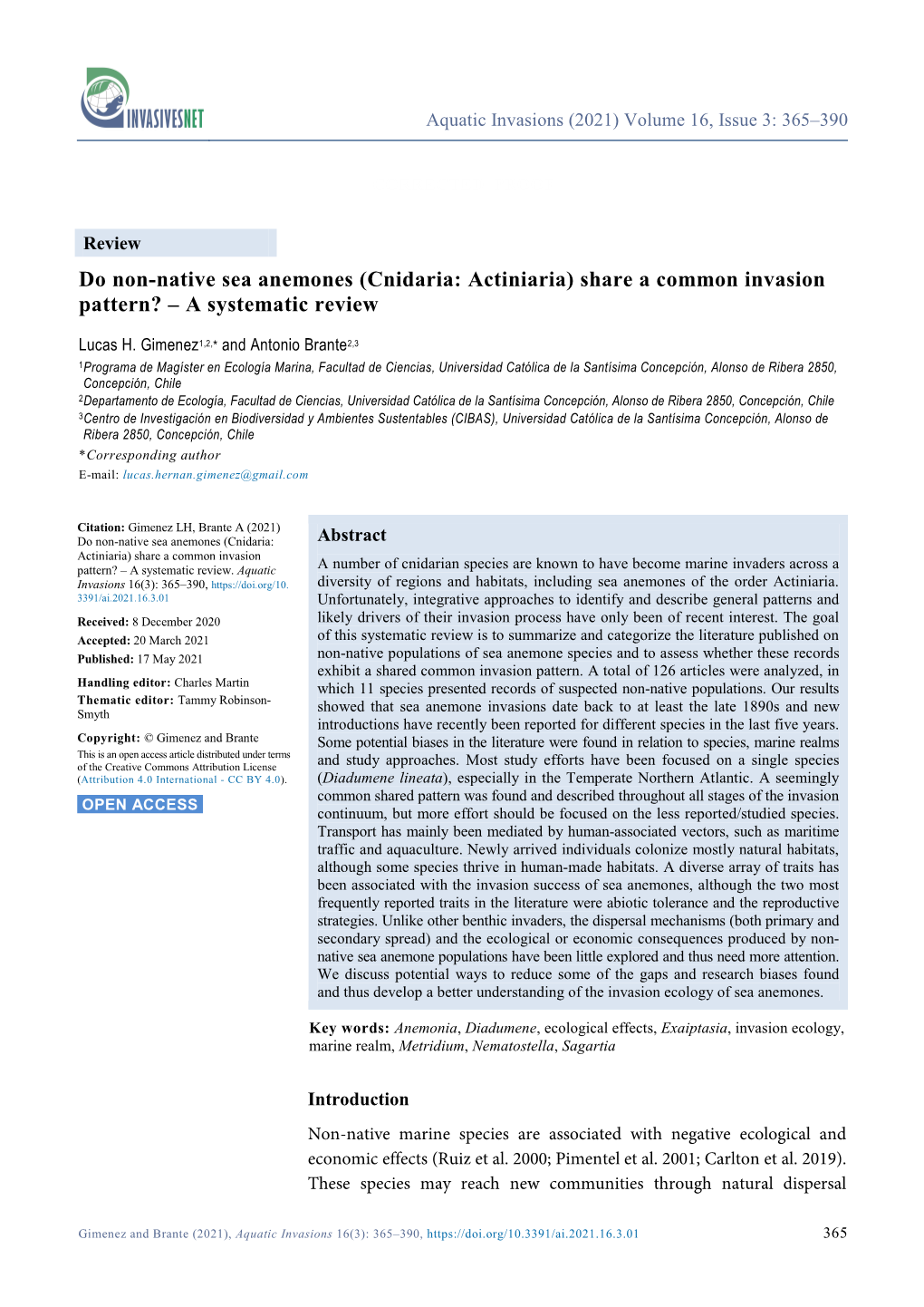 Do Non-Native Sea Anemones (Cnidaria: Actiniaria) Share a Common Invasion Pattern? – a Systematic Review