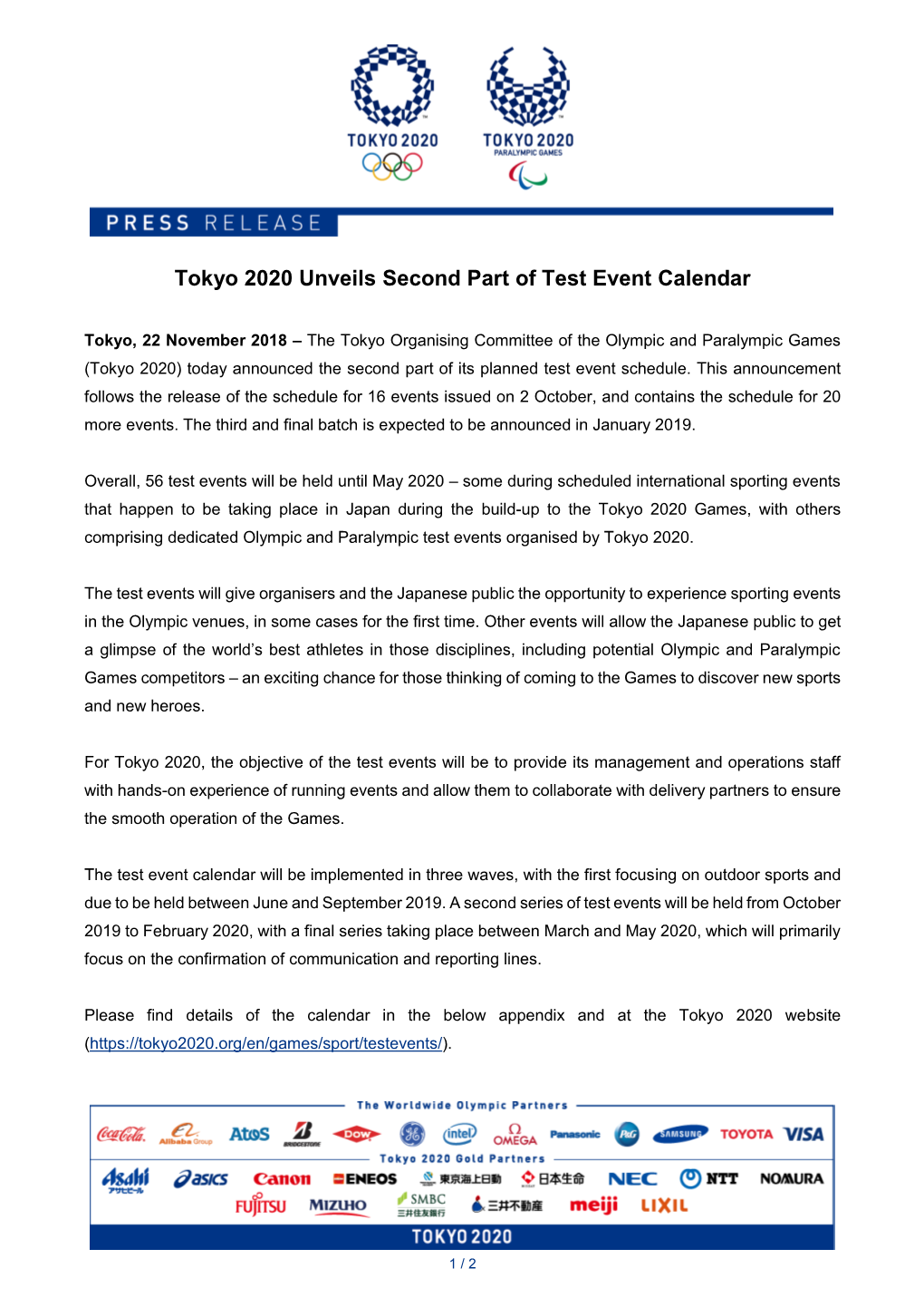 Tokyo 2020 Unveils Second Part of Test Event Calendar