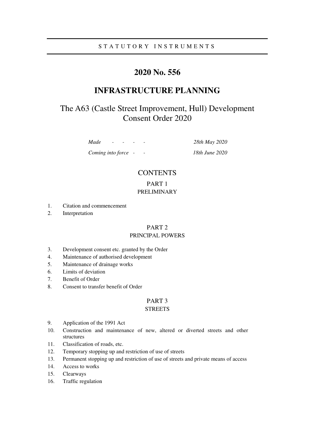 The A63 (Castle Street Improvement, Hull) Development Consent Order 2020