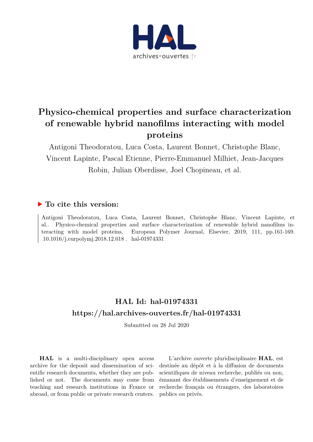 Physico-Chemical Properties and Surface Characterization of Renewable Hybrid Nanofilms Interacting with Model Proteins