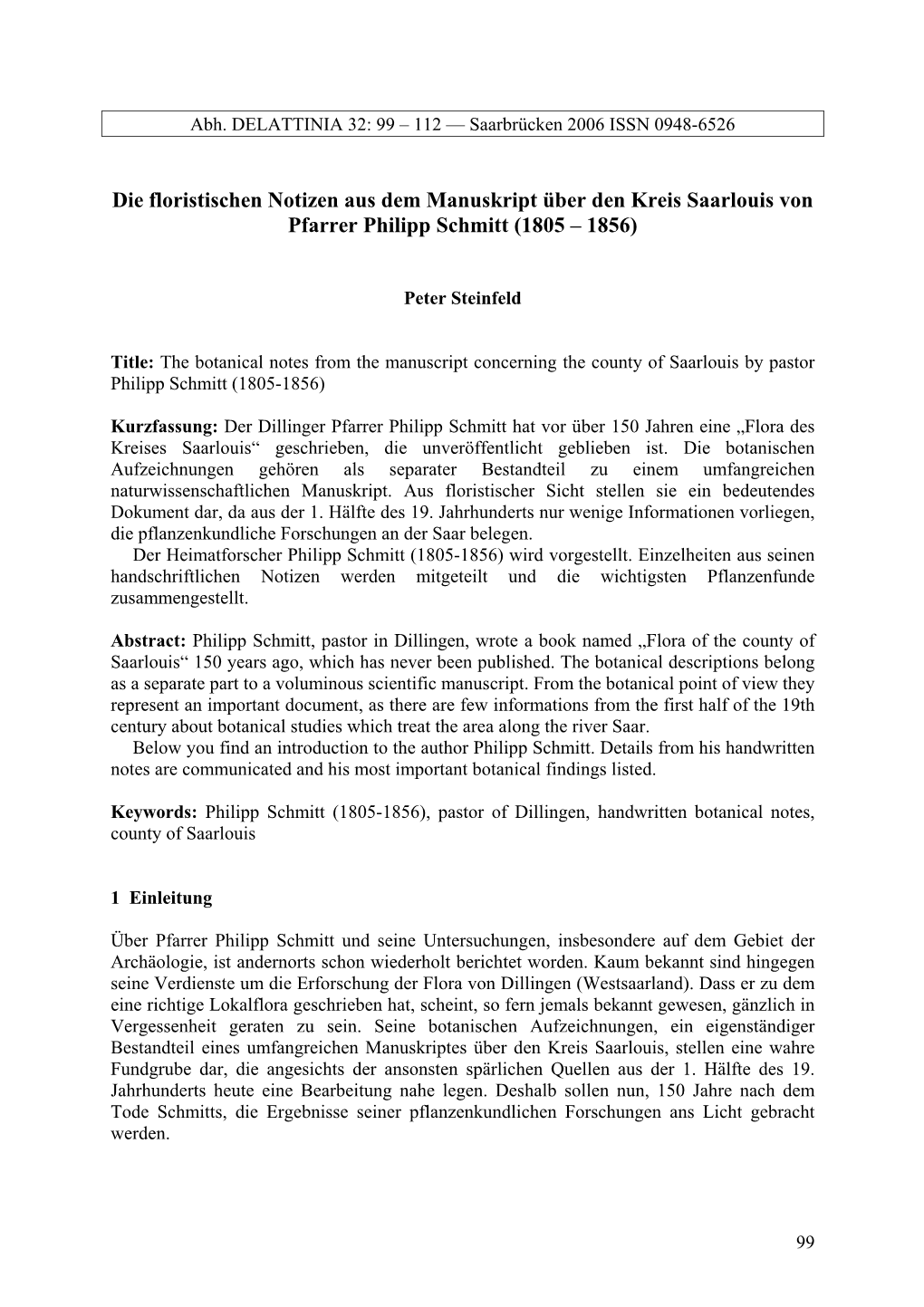 Die Floristischen Notizen Aus Dem Manuskript Über Den Kreis Saarlouis Von Pfarrer Philipp Schmitt (1805 – 1856)