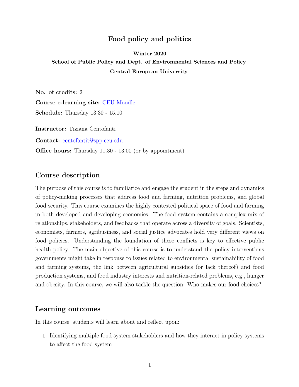 Food Policy and Politics Course Description Learning Outcomes