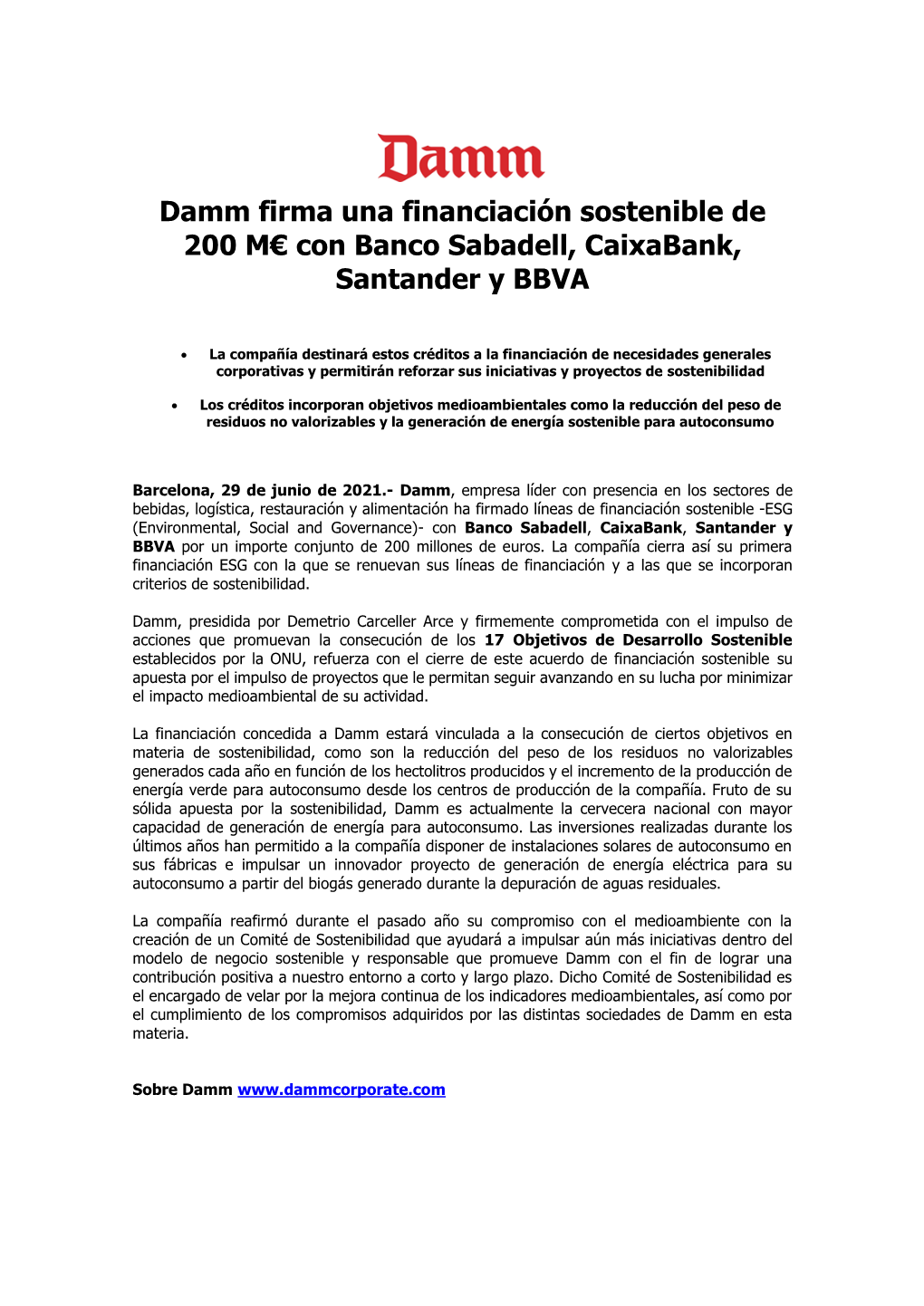 Damm Firma Una Financiación Sostenible De 200 M€ Con Banco Sabadell, Caixabank, Santander Y BBVA