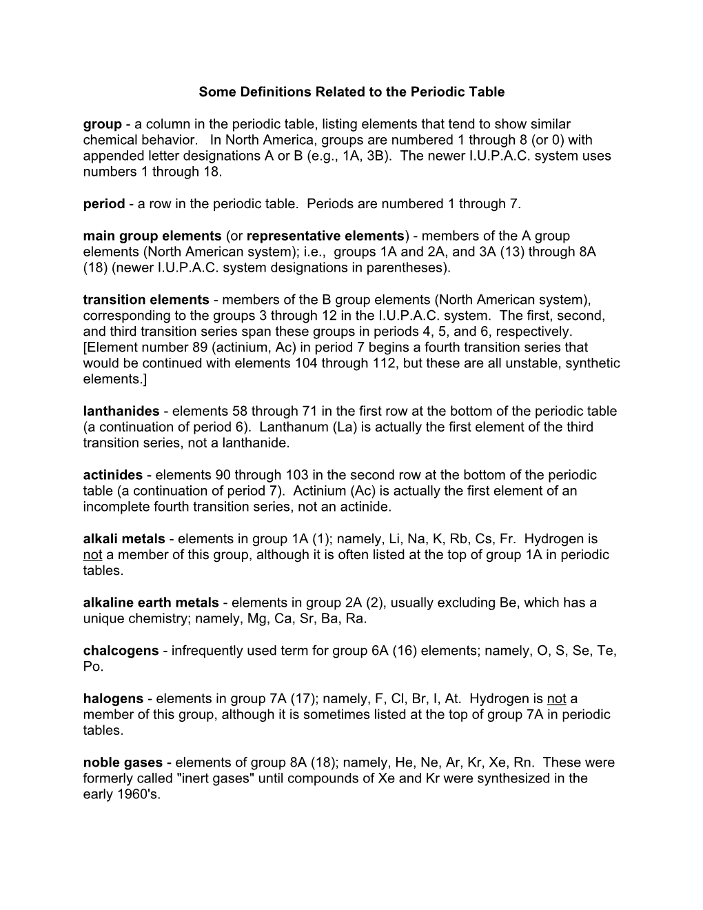 Some Definitions Related to the Periodic Table Group
