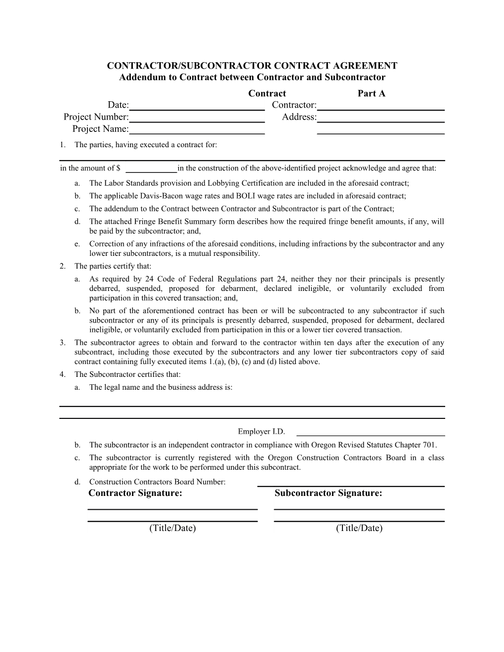 Contractor/Subcontractor Contract Agreement