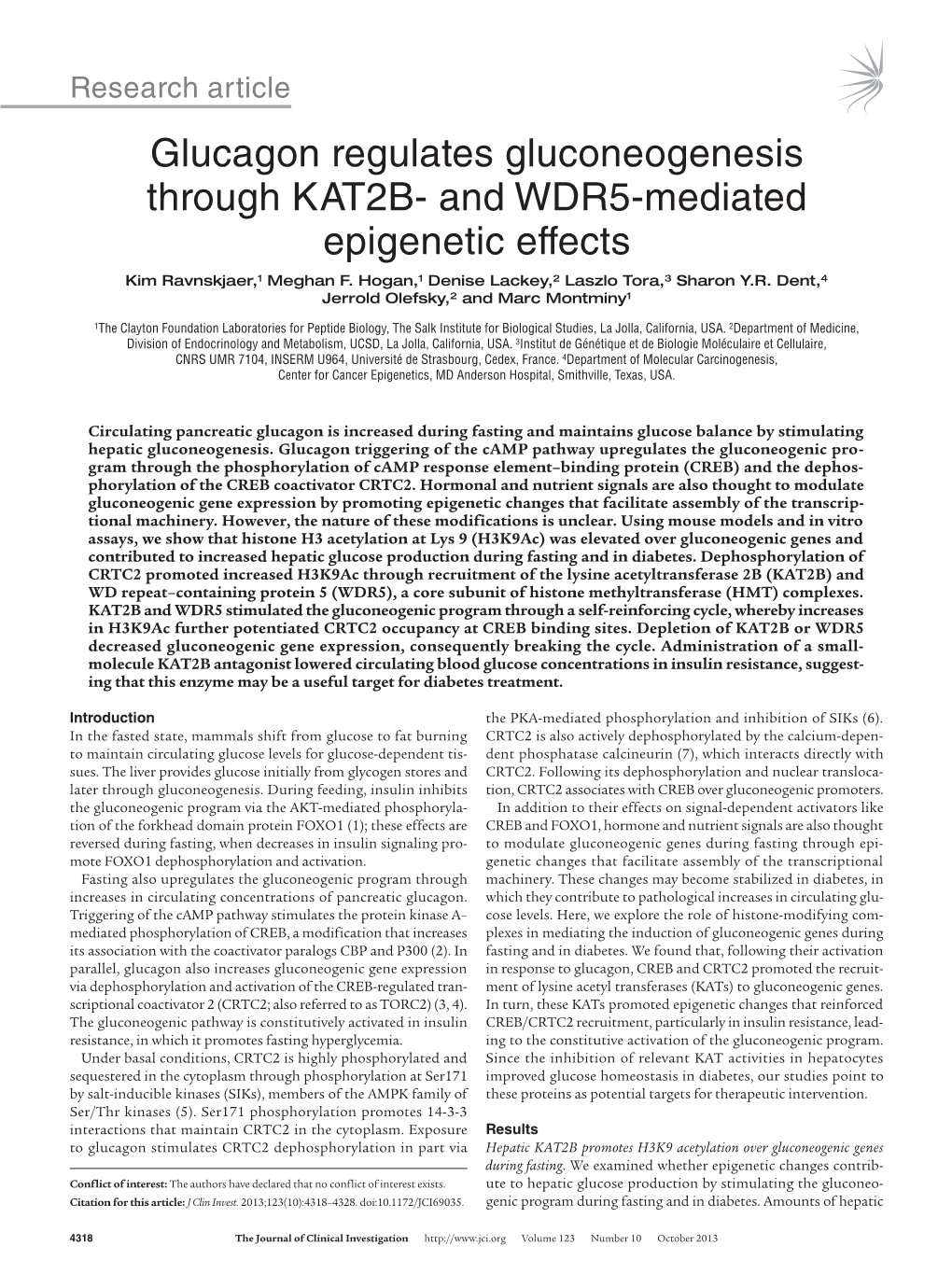 Glucagon Regulates Gluconeogenesis Through KAT2B- and WDR5-Mediated Epigenetic Effects Kim Ravnskjaer,1 Meghan F