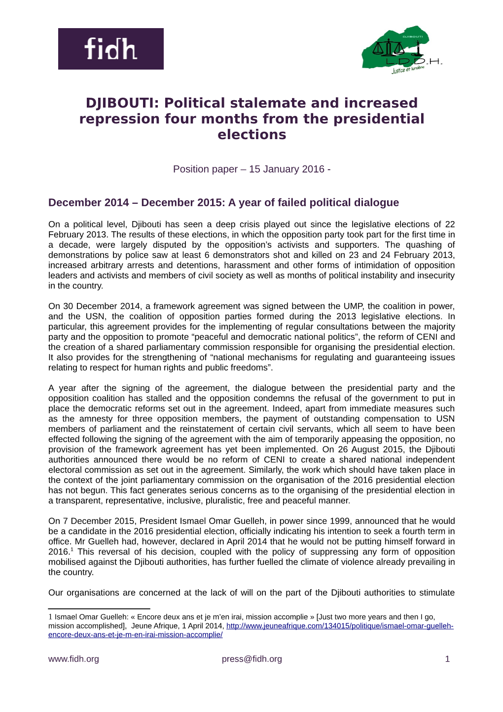 DJIBOUTI: Political Stalemate and Increased Repression Four Months from the Presidential Elections