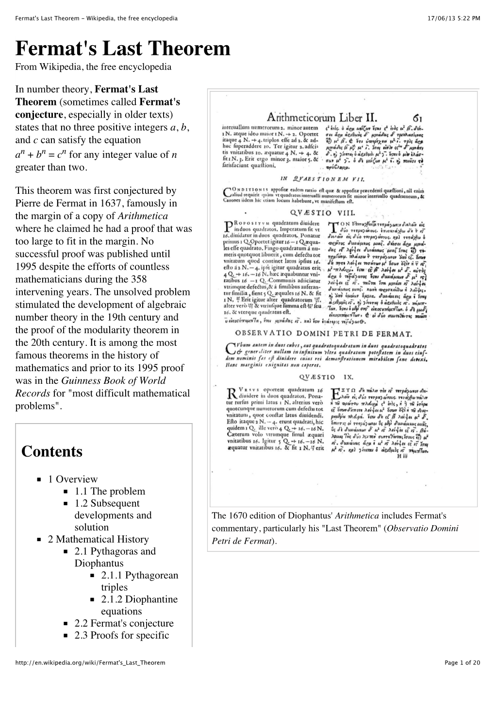 Fermat's Last Theorem - Wikipedia, the Free Encyclopedia 17/06/13 5:22 PM Fermat's Last Theorem from Wikipedia, the Free Encyclopedia