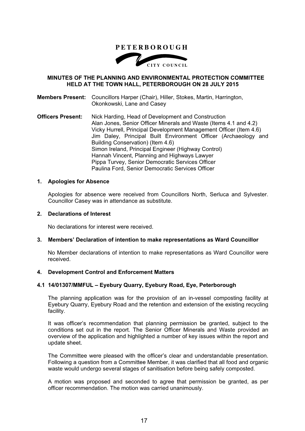 Minutes of the Planning and Environmental Protection Committee Held at the Town Hall, Peterborough on 28 July 2015