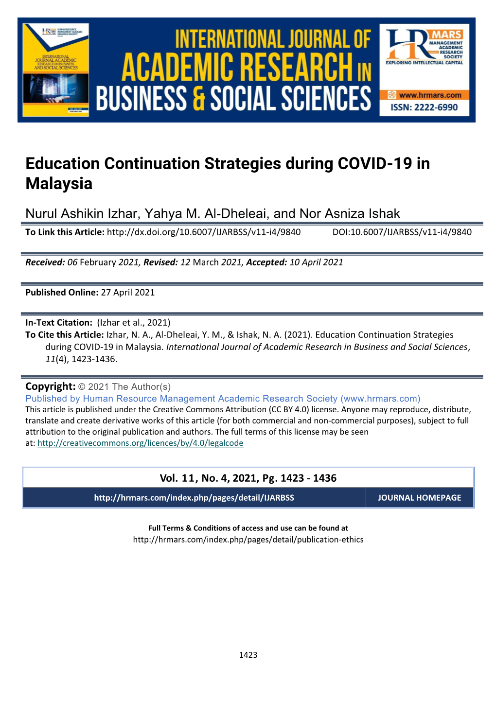 Education Continuation Strategies During COVID-19 in Malaysia