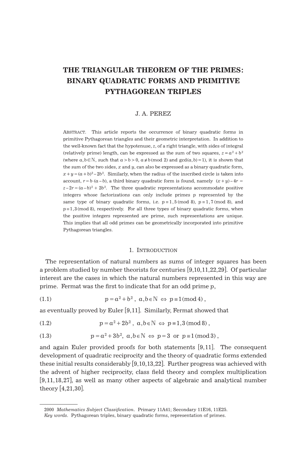 The Triangular Theorem of the Primes : Binary Quadratic Forms and Primitive Pythagorean Triples