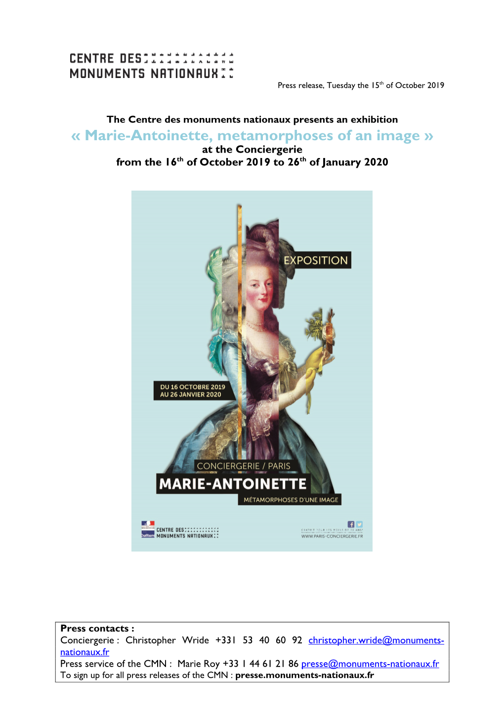 « Marie-Antoinette, Metamorphoses of an Image » at the Conciergerie from the 16Th of October 2019 to 26Th of January 2020