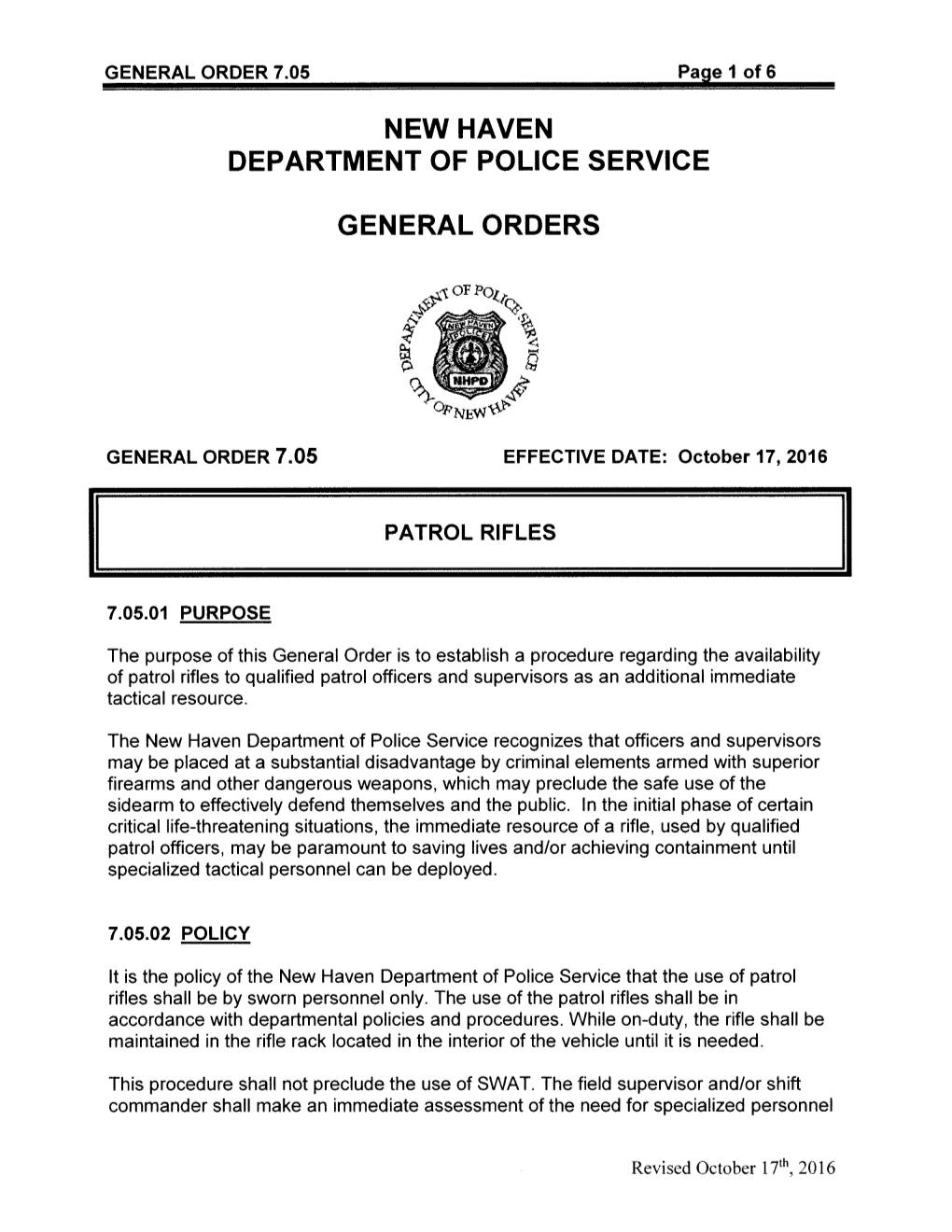 New Haven Department of Police Service General Orders