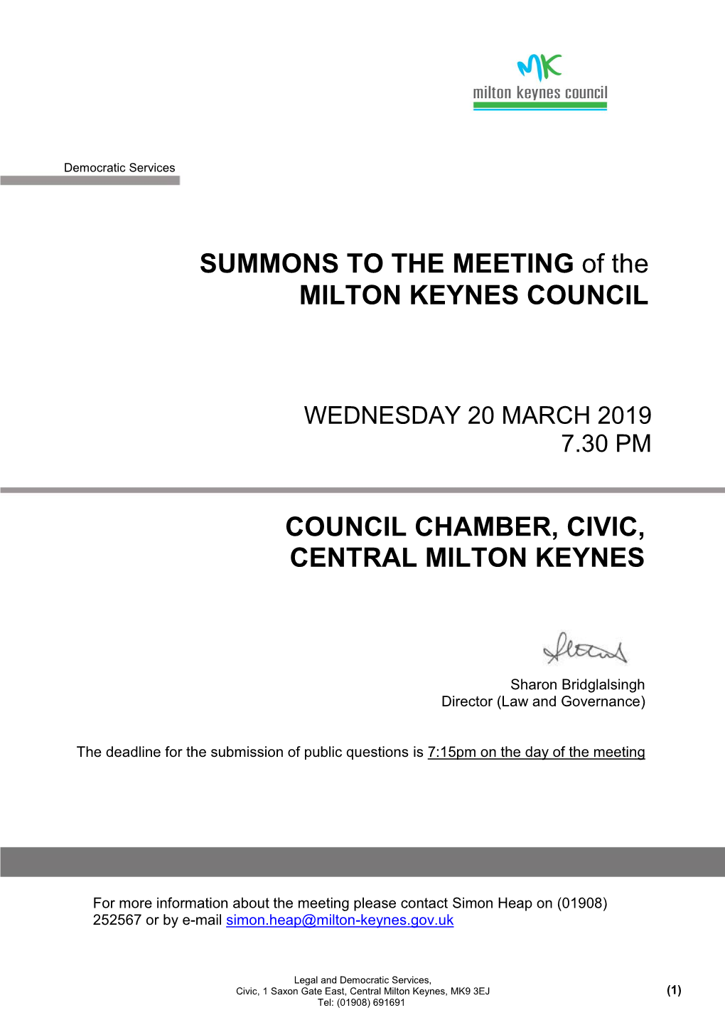 SUMMONS to the MEETING of the MILTON KEYNES COUNCIL