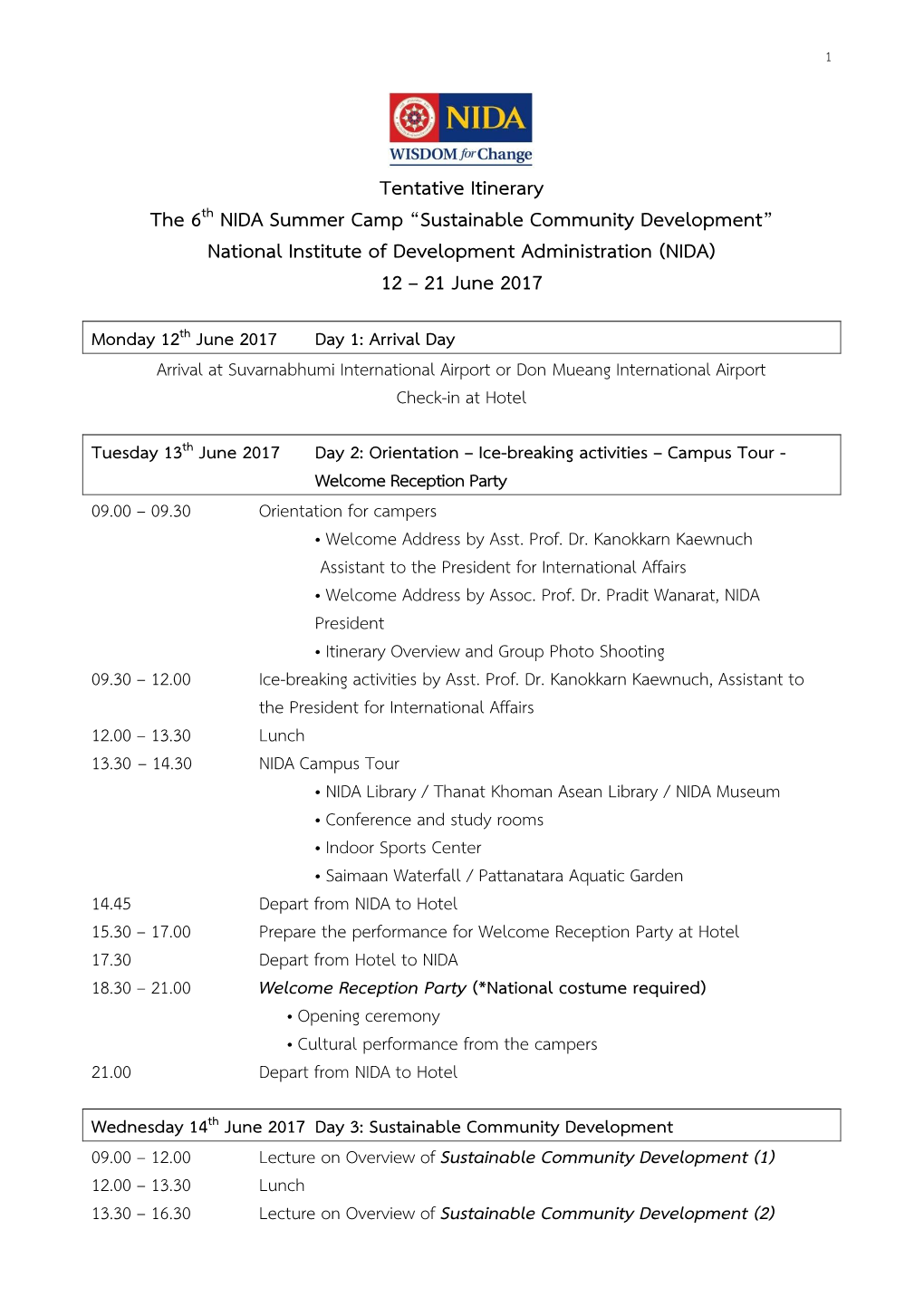 Tentative Itinerary the 6Th NIDA Summer Camp “Sustainable Community Development” National Institute of Development Administration (NIDA) 12 – 21 June 2017