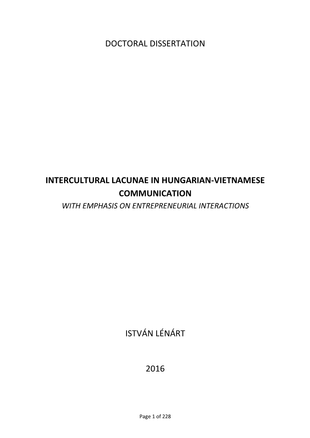 Doctoral Dissertation Intercultural Lacunae in Hungarian-Vietnamese
