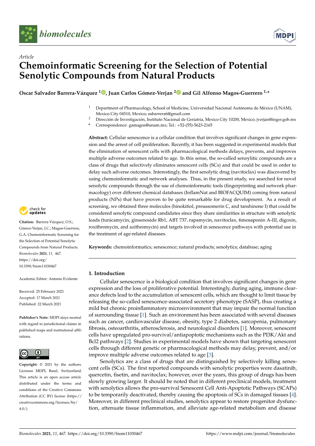 Chemoinformatic Screening for the Selection of Potential Senolytic Compounds from Natural Products