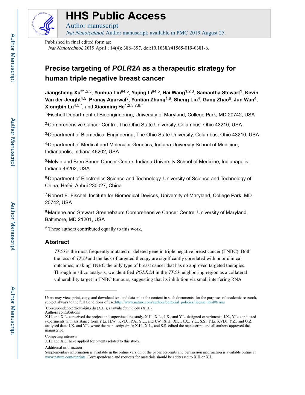 Precise Targeting of POLR2A As a Therapeutic Strategy for Human Triple Negative Breast Cancer